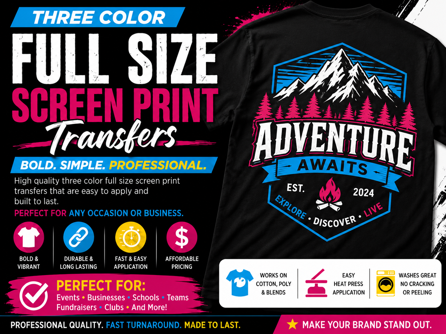 Three Color Full Size Screen Print Transfers **7 to 9 BUSINESS DAY TAT**