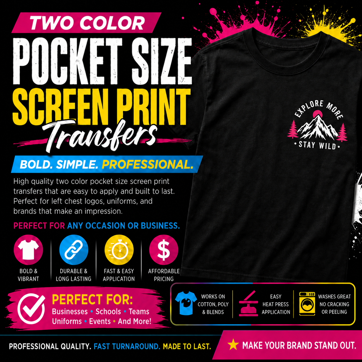 Two Color Pocket Size Screen Print Transfers **7 to 9  BUSINESS DAY TAT**