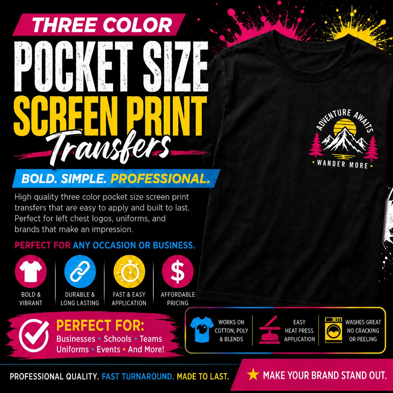 Three Color Pocket Size Screen Print Transfers **7 to 9  BUSINESS DAY TAT**